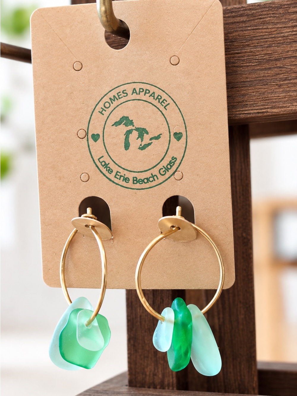 Gold Hoop Earrings with Green Beach Glass